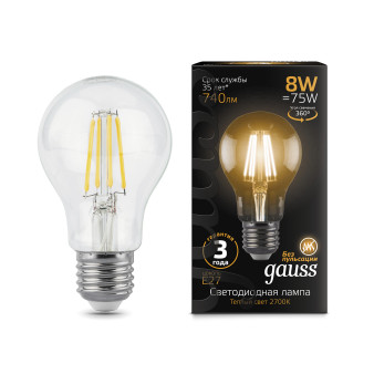 102802108 Лампа Gauss LED Filament A60 E27 8W 740Lm 2700K 1/10/40, шт