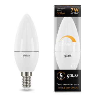 103101107-D Лампа Gauss LED Свеча-dim E14 7W 560lm 3000К диммируемая 1/10/100