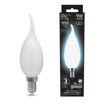 104201209 Лампа Gauss Filament Свеча на ветру 9W 610lm 4100К Е14 milky LED 1/10/50