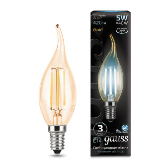 104801805 Лампа Gauss LED Filament Candle tailed E14 5W 4100K Golden 1/10/50, шт