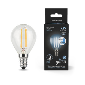 105801207-S Лампа Gauss LED Filament  Globe E14 7W 580lm 4100K step dimmable 1/10/50, шт