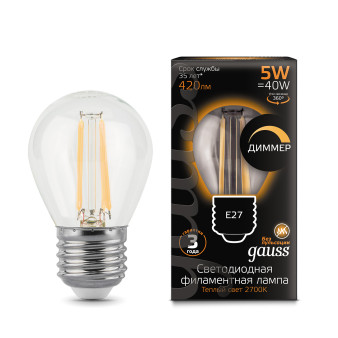 105802105-D Лампа Gauss LED Filament Шар dimmable E27 5W 420lm 2700K 1/10/50