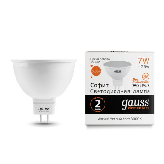 13517 Лампа Gauss LED Elementary MR16 GU5.3 7W 530lm 3000K 1/10/100, шт