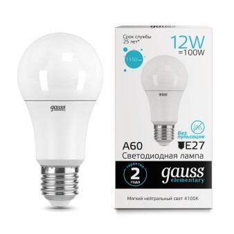 23222 Лампа Gauss LED Elementary A60 12W E27 1150lm 4100K 1/10/50, шт