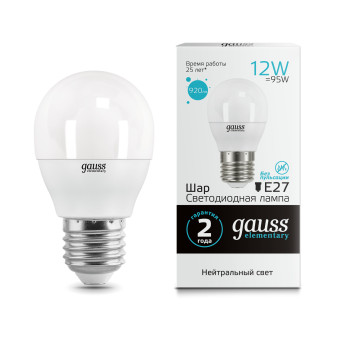 53222 Лампа Gauss LED Elementary Шар 12W 920lm E27 4100K 1/10/100