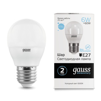 53236 Лампа Gauss LED Elementary Шар 6W E27 470lm 6500K 1/10/100
